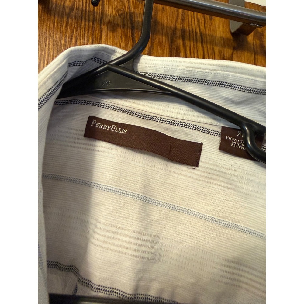 Perry Ellis Mens XL White Striped Long Sleeve Button Down Cotton Shirt - Picture 3 of 5
